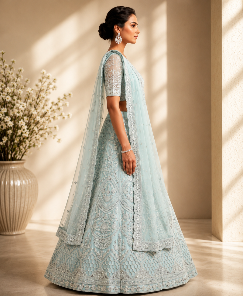 light blue sequins net lehenga choli