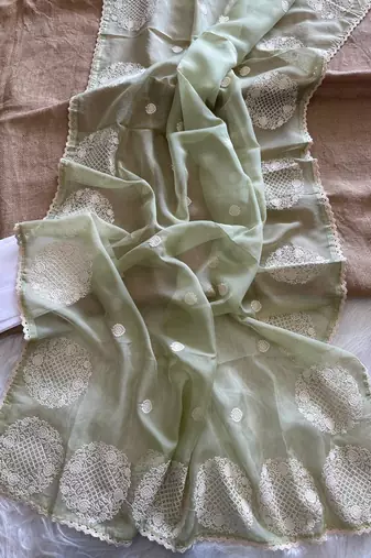 Sea Green Color thread embroidery work butta organza silk  Sraree