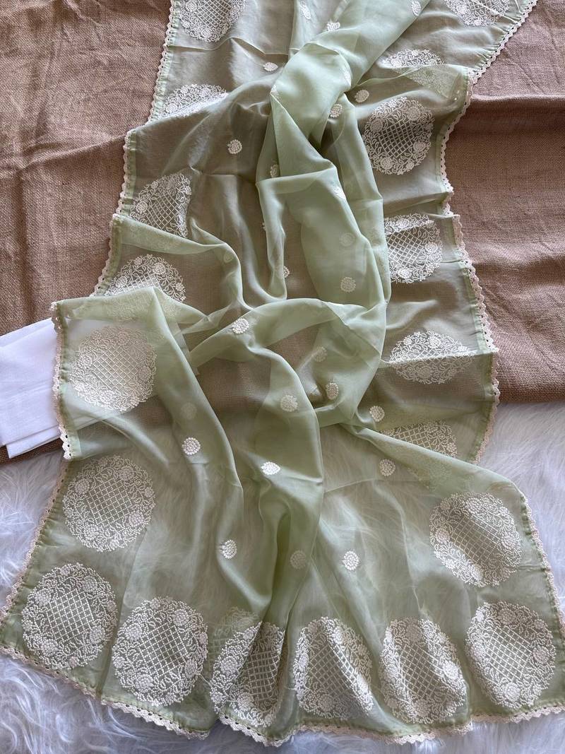Sea Green Color thread embroidery work butta organza silk  Sraree