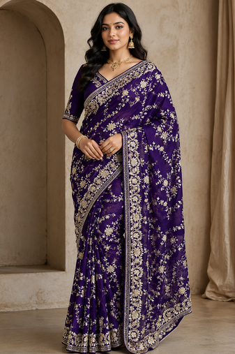 purple sequin and zari embroidery silk saree
