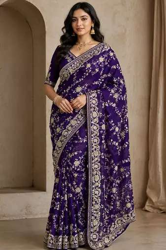 purple sequin and zari embroidery silk saree