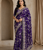 purple sequin and zari embroidery silk saree