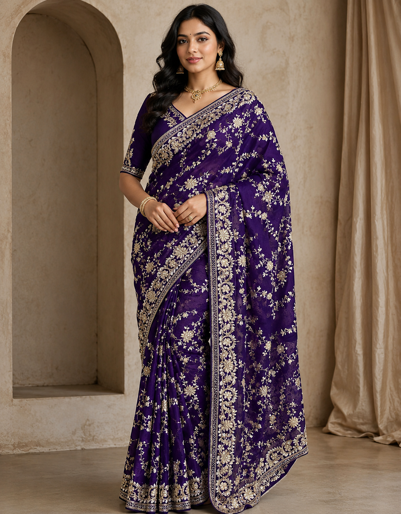 purple sequin and zari embroidery silk saree