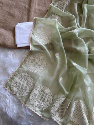 Sea Green Color thread embroidery work butta organza silk  Sraree 2