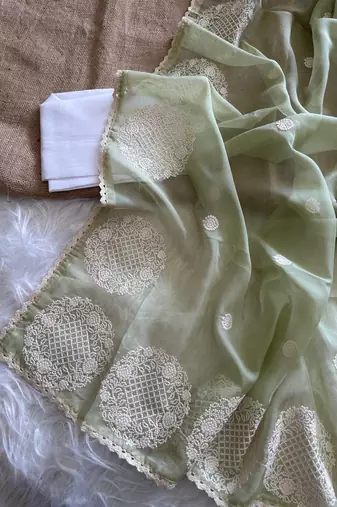Sea Green Color thread embroidery work butta organza silk  Sraree
