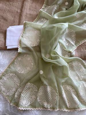 Sea Green Color thread embroidery work butta organza silk  Sraree 3