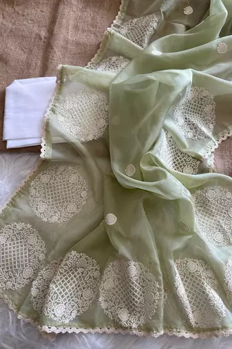 Sea Green Color thread embroidery work butta organza silk  Sraree