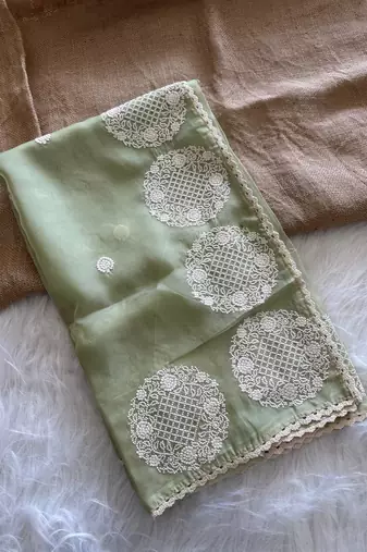 Sea Green Color thread embroidery work butta organza silk  Sraree