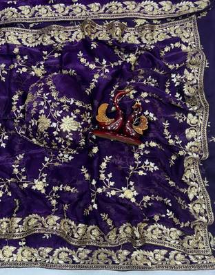 purple sequin and zari embroidery silk saree 3