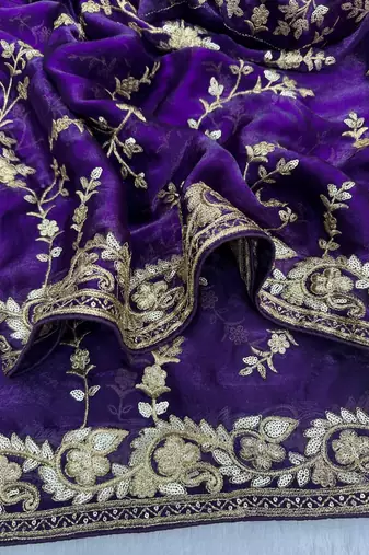 purple sequin and zari embroidery silk saree