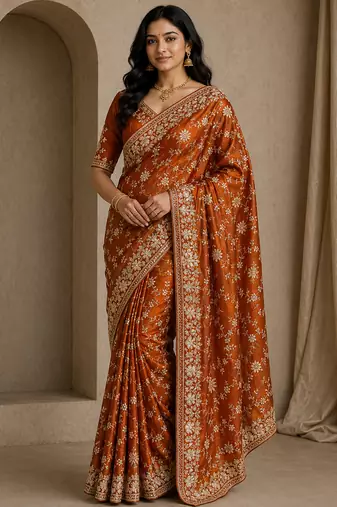 orange sequin and zari embroidery silk saree