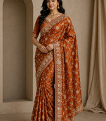 orange sequin and zari embroidery silk saree