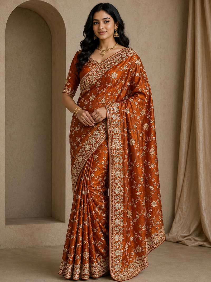 orange sequin and zari embroidery silk saree
