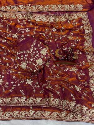 orange sequin and zari embroidery silk saree 2