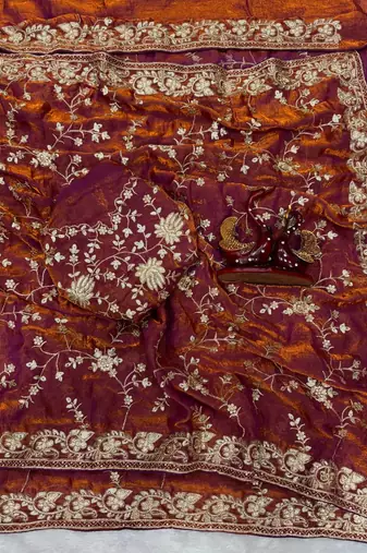 orange sequin and zari embroidery silk saree