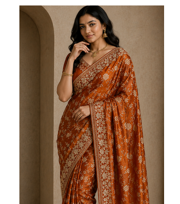 orange sequin and zari embroidery silk saree 3