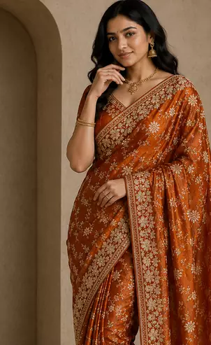 orange sequin and zari embroidery silk saree