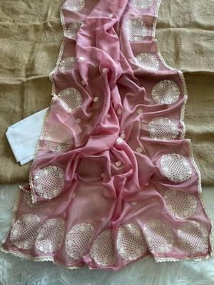 Onion Pink Color thread embroidery work butta organza silk  Sraree 1