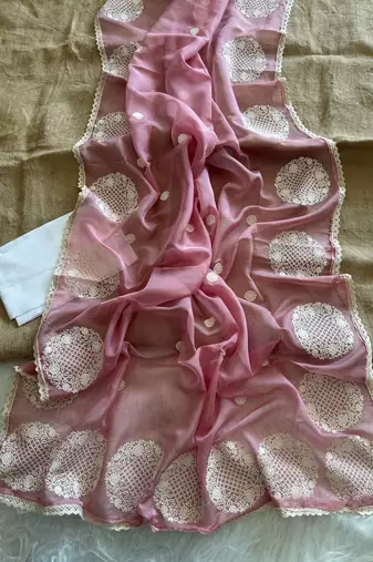 Onion Pink Color thread embroidery work butta organza silk  Sraree