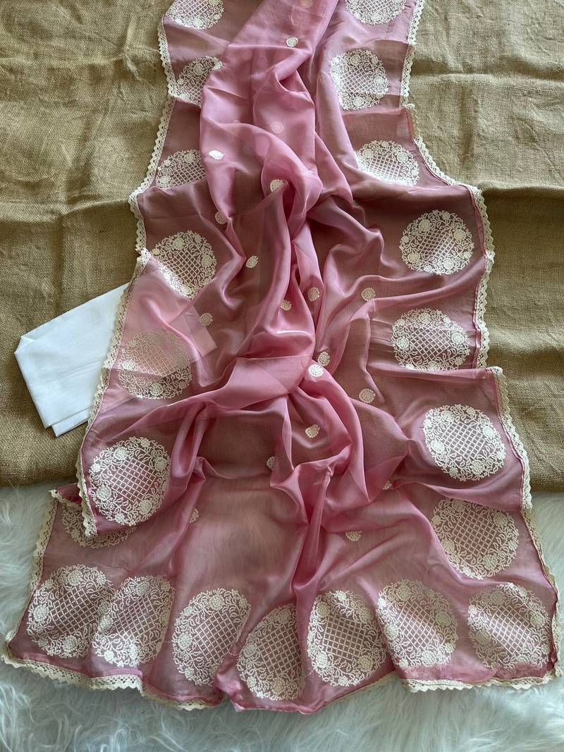 Onion Pink Color thread embroidery work butta organza silk  Sraree