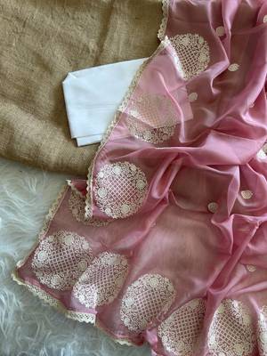 Onion Pink Color thread embroidery work butta organza silk  Sraree 2