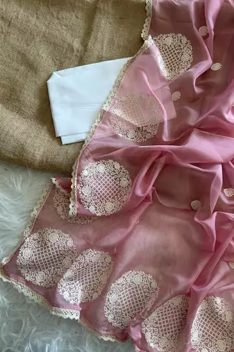Onion Pink Color thread embroidery work butta organza silk  Sraree