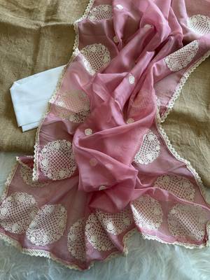 Onion Pink Color thread embroidery work butta organza silk  Sraree 3