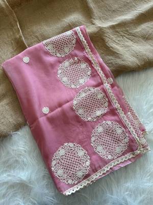 Onion Pink Color thread embroidery work butta organza silk  Sraree 4