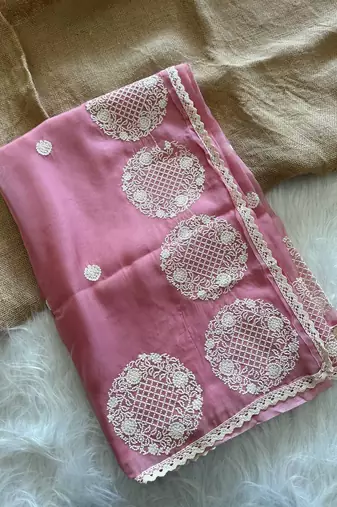 Onion Pink Color thread embroidery work butta organza silk  Sraree