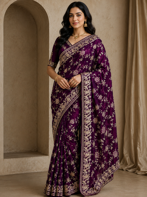 plum sequin and zari embroidery silk saree 1