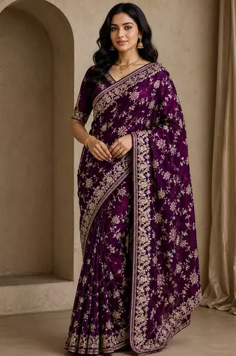 plum sequin and zari embroidery silk saree