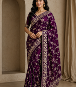 plum sequin and zari embroidery silk saree