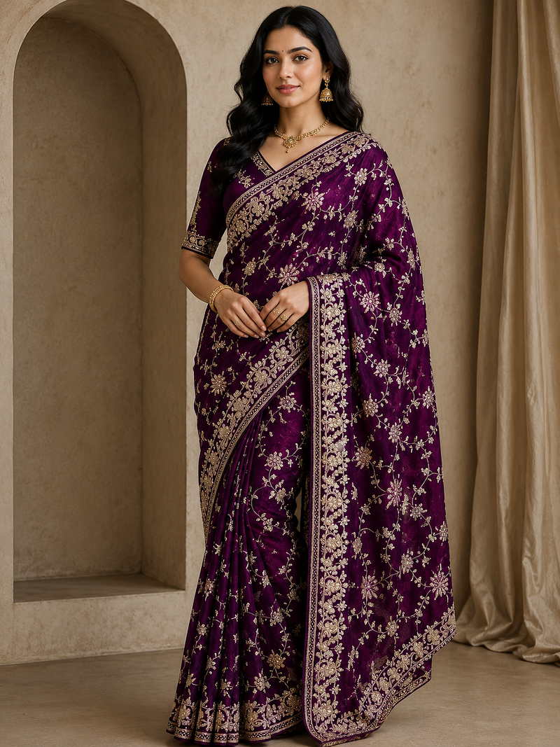 plum sequin and zari embroidery silk saree
