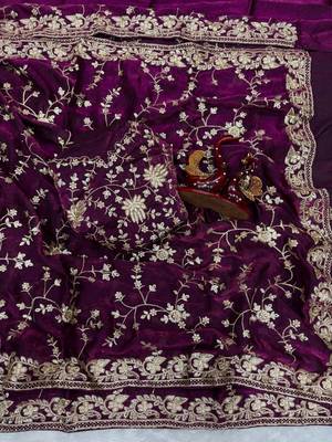 plum sequin and zari embroidery silk saree 2