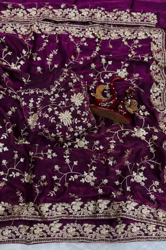 plum sequin and zari embroidery silk saree
