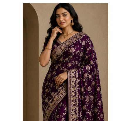 plum sequin and zari embroidery silk saree 3
