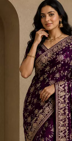 plum sequin and zari embroidery silk saree