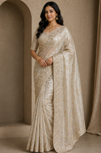white sequin and zari embroidery silk saree