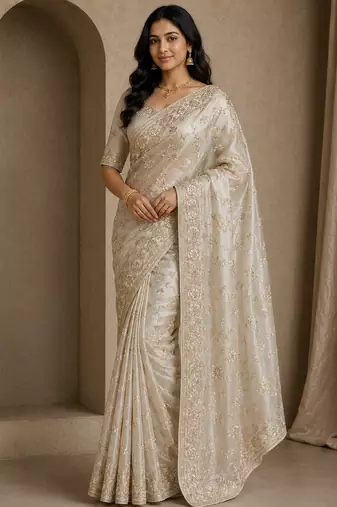 white sequin and zari embroidery silk saree