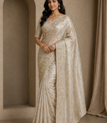 white sequin and zari embroidery silk saree