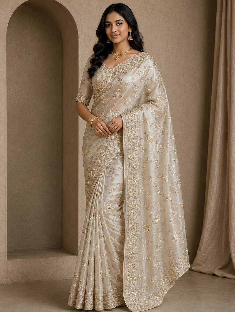 white sequin and zari embroidery silk saree