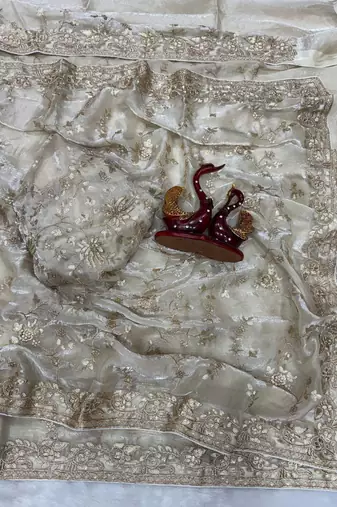 white sequin and zari embroidery silk saree