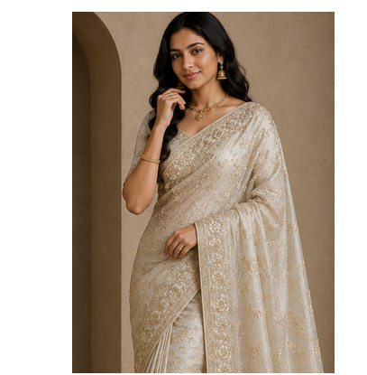white sequin and zari embroidery silk saree 3