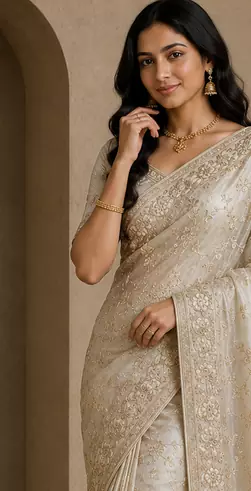 white sequin and zari embroidery silk saree
