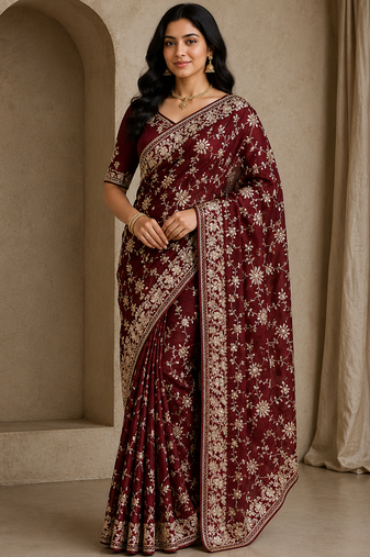 maroon sequin and zari embroidery silk saree