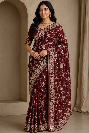 maroon sequin and zari embroidery silk saree