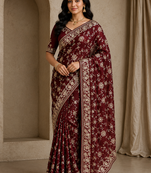 maroon sequin and zari embroidery silk saree