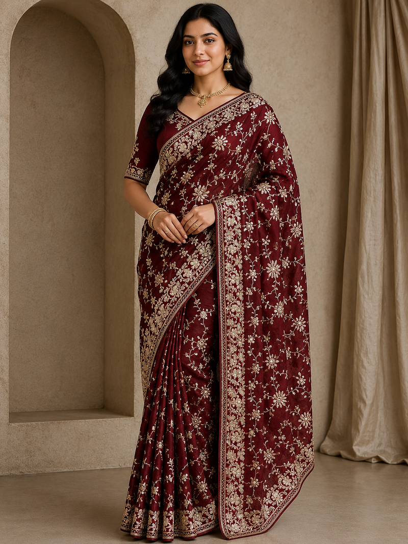 maroon sequin and zari embroidery silk saree