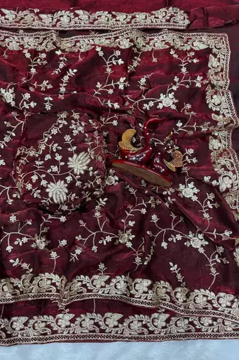 maroon sequin and zari embroidery silk saree