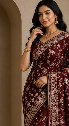 maroon sequin and zari embroidery silk saree